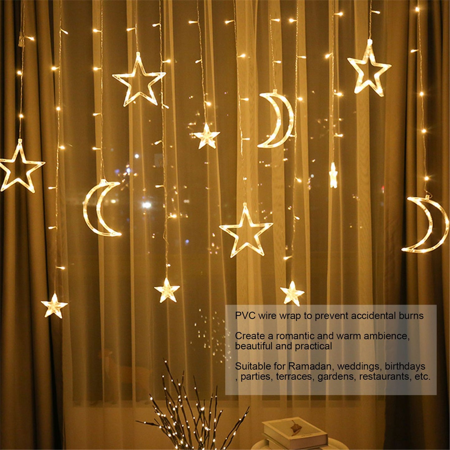 Star Moon Curtain String Lights Romantic Ambience 2 Lighting Modes 126 LED Ramadan Curtain Lights for V1294-YM0523-3119220030711
