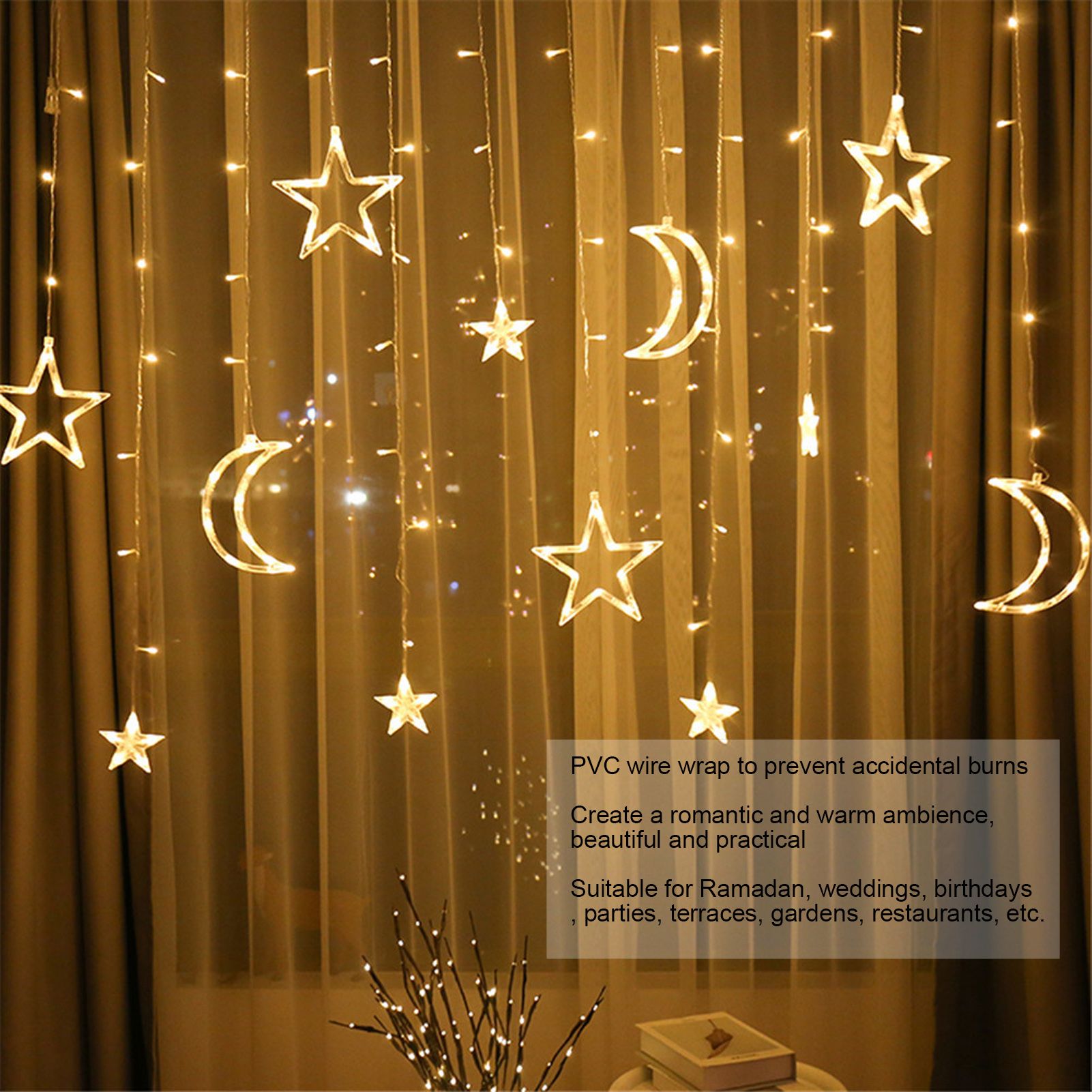 Star Moon Curtain String Lights Romantic Ambience 2 Lighting Modes 126 LED Ramadan Curtain Lights for V1294-YM0523-3119220030711