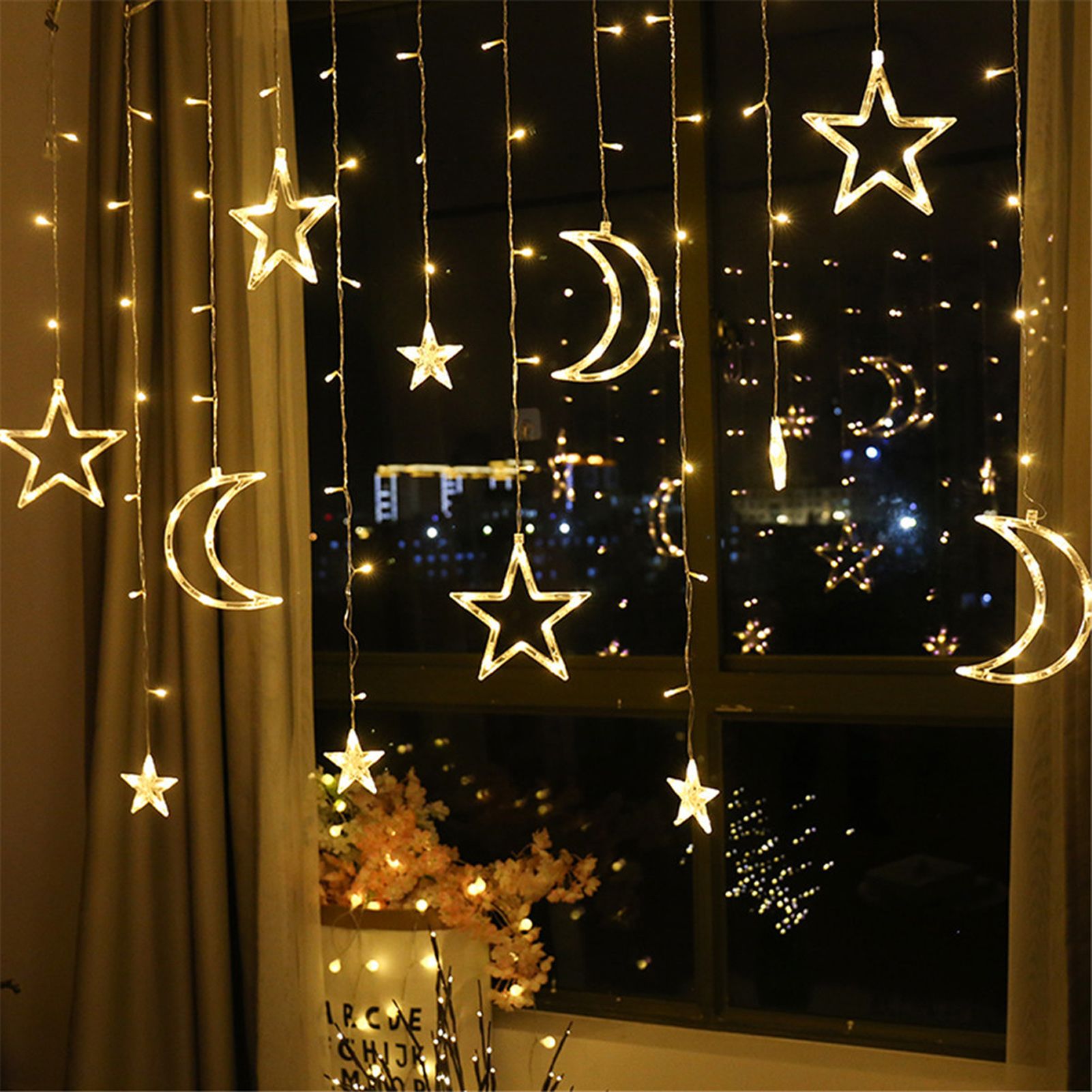 Star Moon Curtain String Lights Romantic Ambience 2 Lighting Modes 126 LED Ramadan Curtain Lights for V1294-YM0523-3119220030711