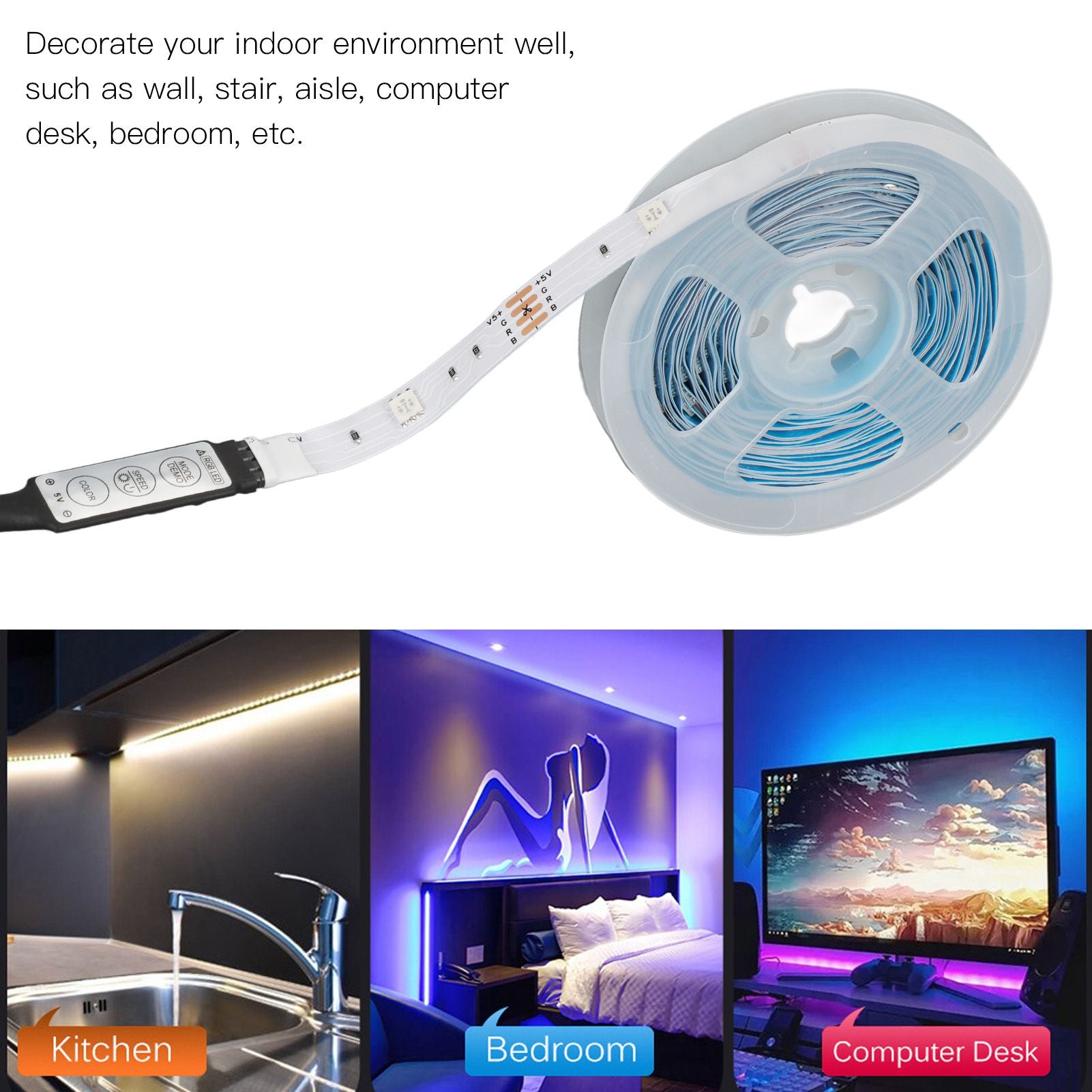 RGB LED Strip Lights Press Button Control 5V LED Lights with 3 Button Functions for Bedroom Kitchen Party V1294-YM0523-3119220030915