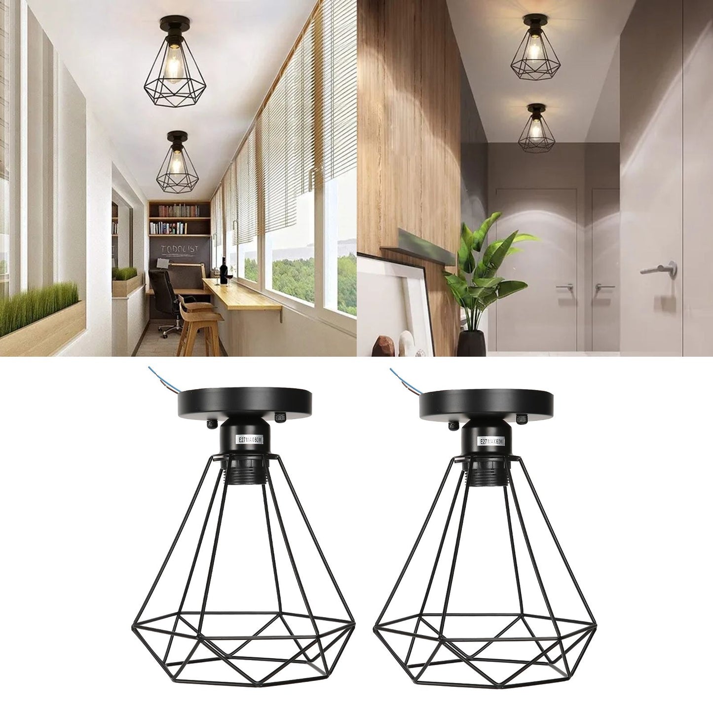 Ceiling Light Cage Guard Cover with Lamp Holder Base Vintage Industrial Style for E27 Bulbs V1294-YM0523-3119220032811
