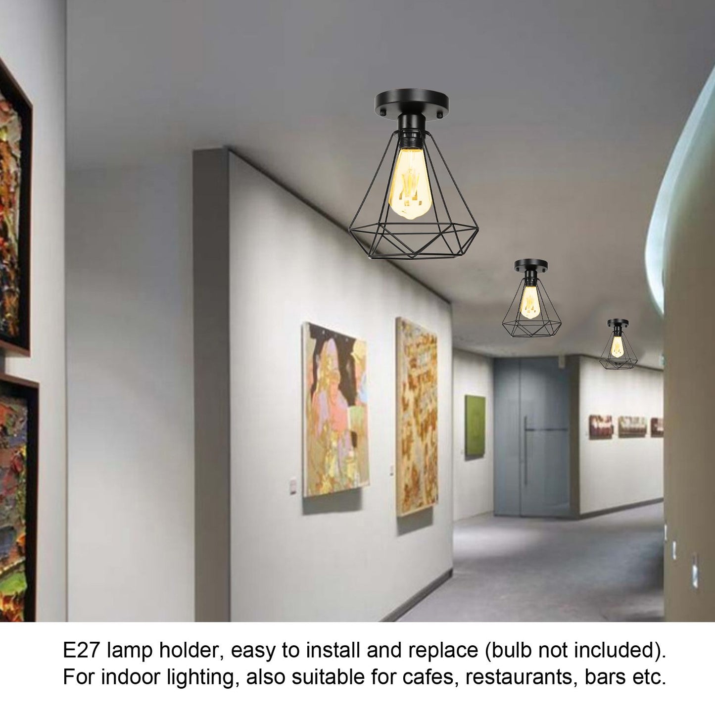 Ceiling Light Cage Guard Cover with Lamp Holder Base Vintage Industrial Style for E27 Bulbs V1294-YM0523-3119220032811