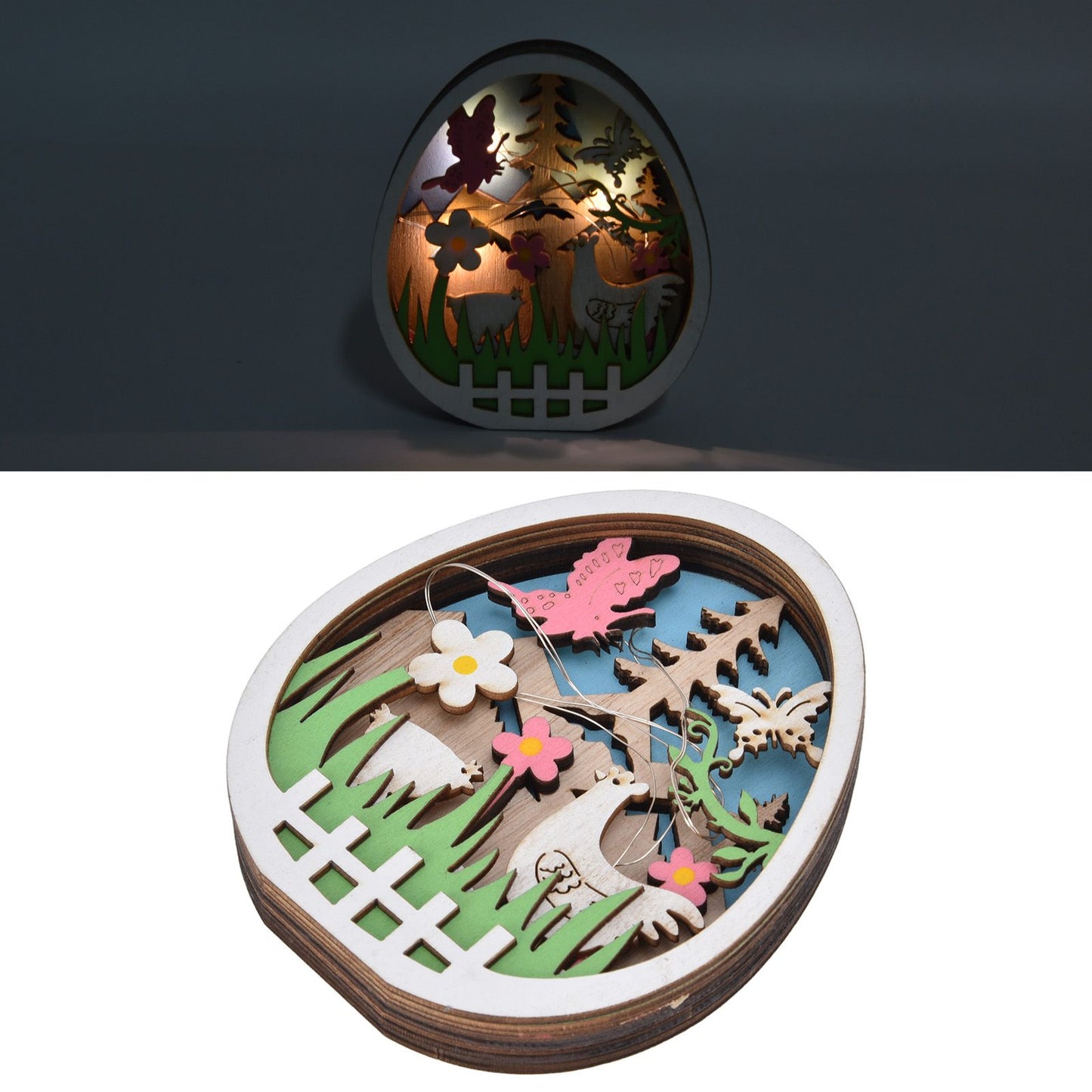 LED Wooden Easter Eggs Turkey Pattern Natural Boxwood Easter Ornaments Wood Warm Light Wooden Easter Decor V1294-YM0523-3119220036211
