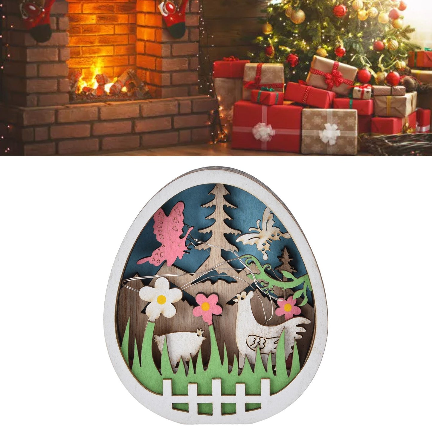 LED Wooden Easter Eggs Turkey Pattern Natural Boxwood Easter Ornaments Wood Warm Light Wooden Easter Decor V1294-YM0523-3119220036211