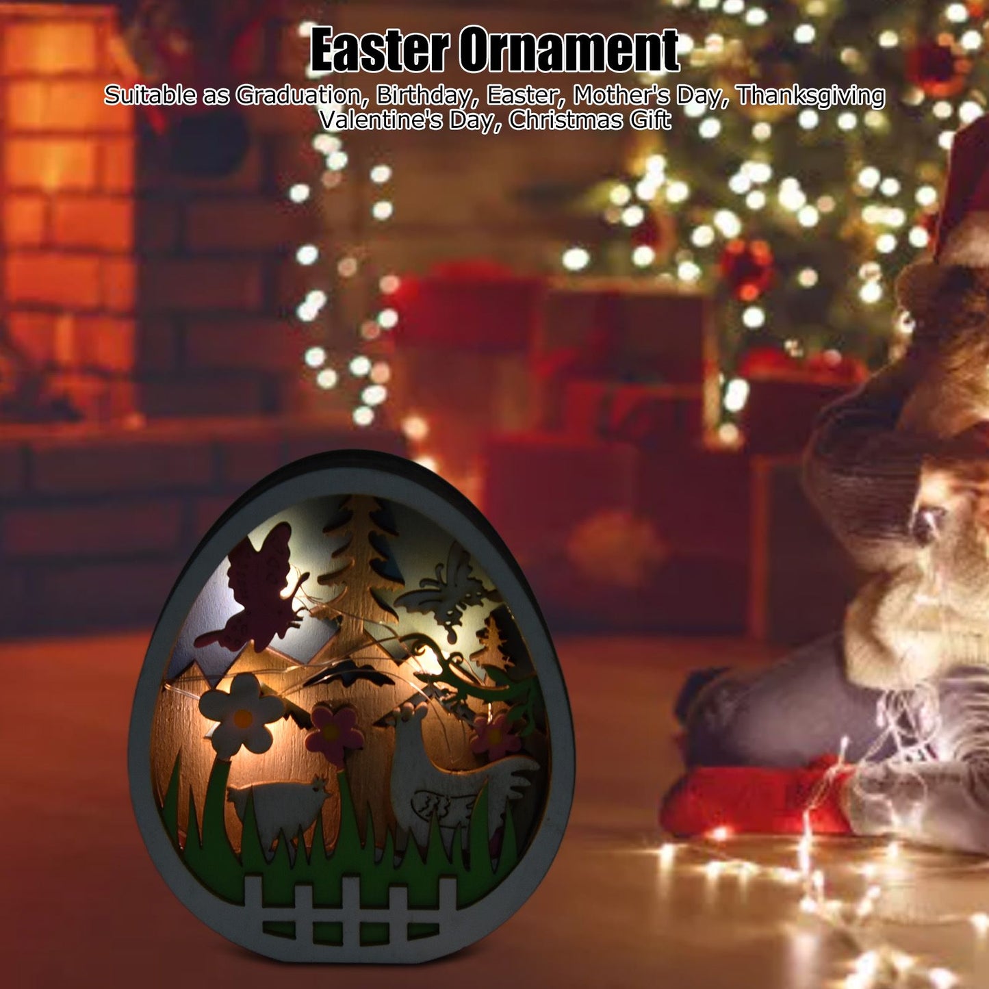 LED Wooden Easter Eggs Turkey Pattern Natural Boxwood Easter Ornaments Wood Warm Light Wooden Easter Decor V1294-YM0523-3119220036211