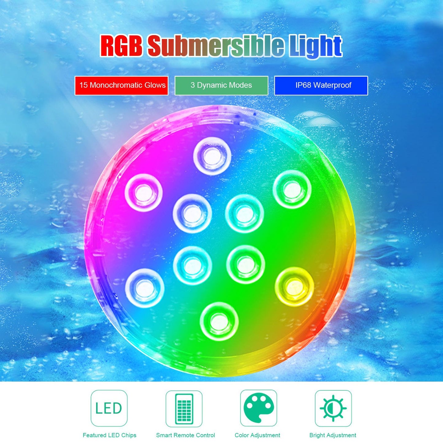 RGB Underwater Spot Light with Remote Control Submersible LED Light IP68 Waterproof for Aquarium Pond V1294-YM0523-3119220044411