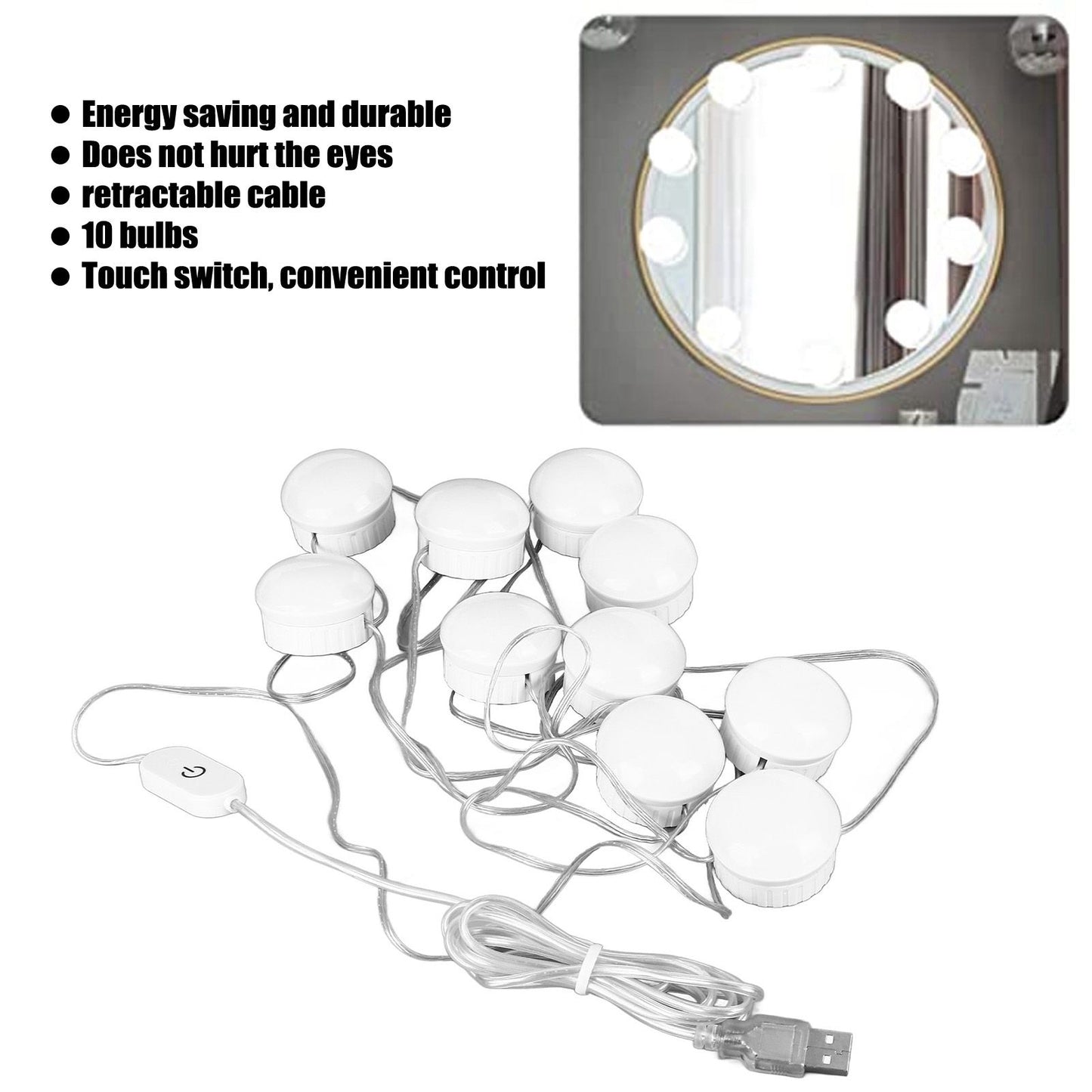 LED Mirror Light 5 Level Brightness Adjustment Touch Switch 10 Bulbs White Light Mirror Lamp with Retractable V1294-YM0523-3119220044811
