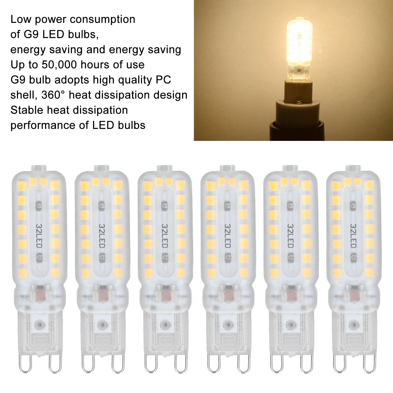 6pcs G9 LED Bulbs 7W Dimmable 360 degrees Illumination Replacement Light Bulb for Wall Desk Cabinet Lamp Warm V1294-YM0523-3119220065415