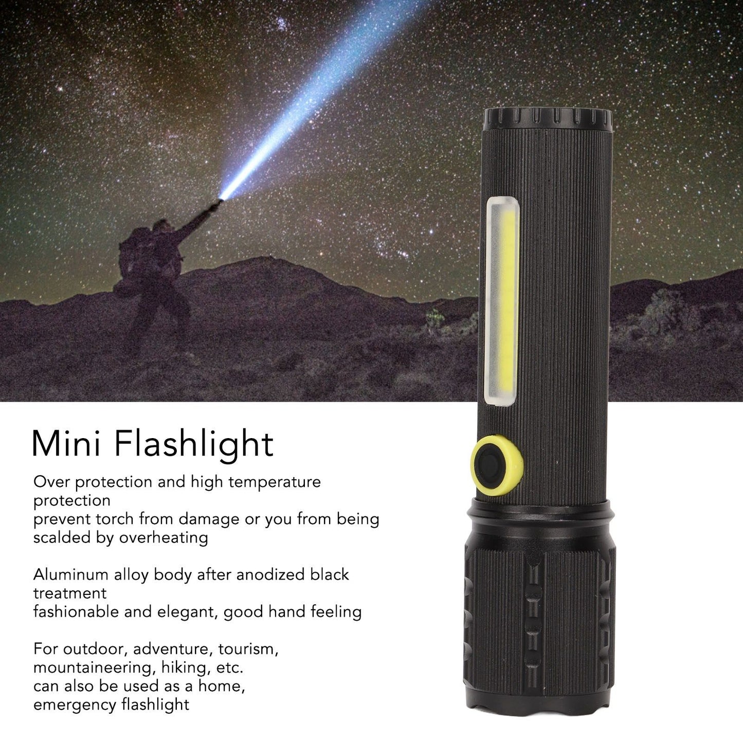 Mini Flashlight Strong Light 3 Modes Telescopic Zoom Portable Rechargeable for Camping Emergency Outdoor V1294-YM0523-3119220066811