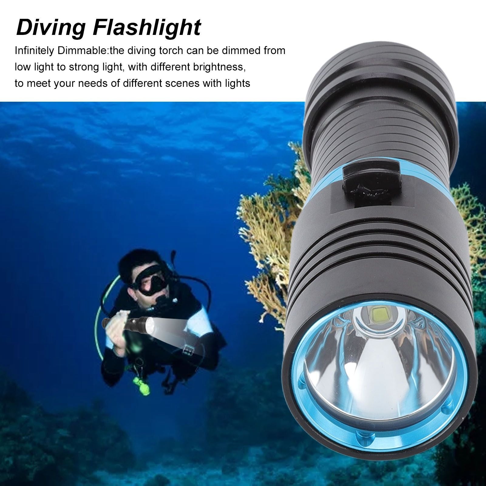 5000LM Diving Flashlight IPX8 100m Underwater Waterproof Infinitely Dimmable L2 LED Beads Scuba Dive Lights V1294-YM0523-3119220068611