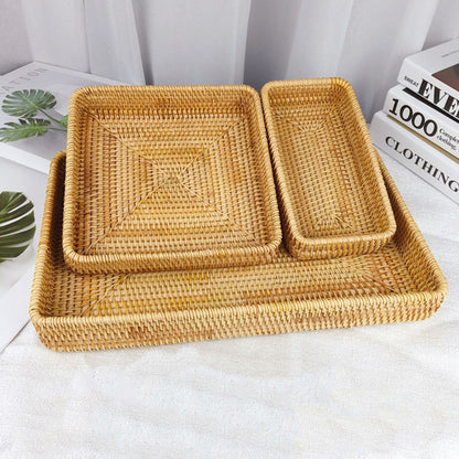Rattan Tray Tabletop Organization Hand Woven Snack Storage Basket Multifunctional Serving Tray 3 Pcs Set