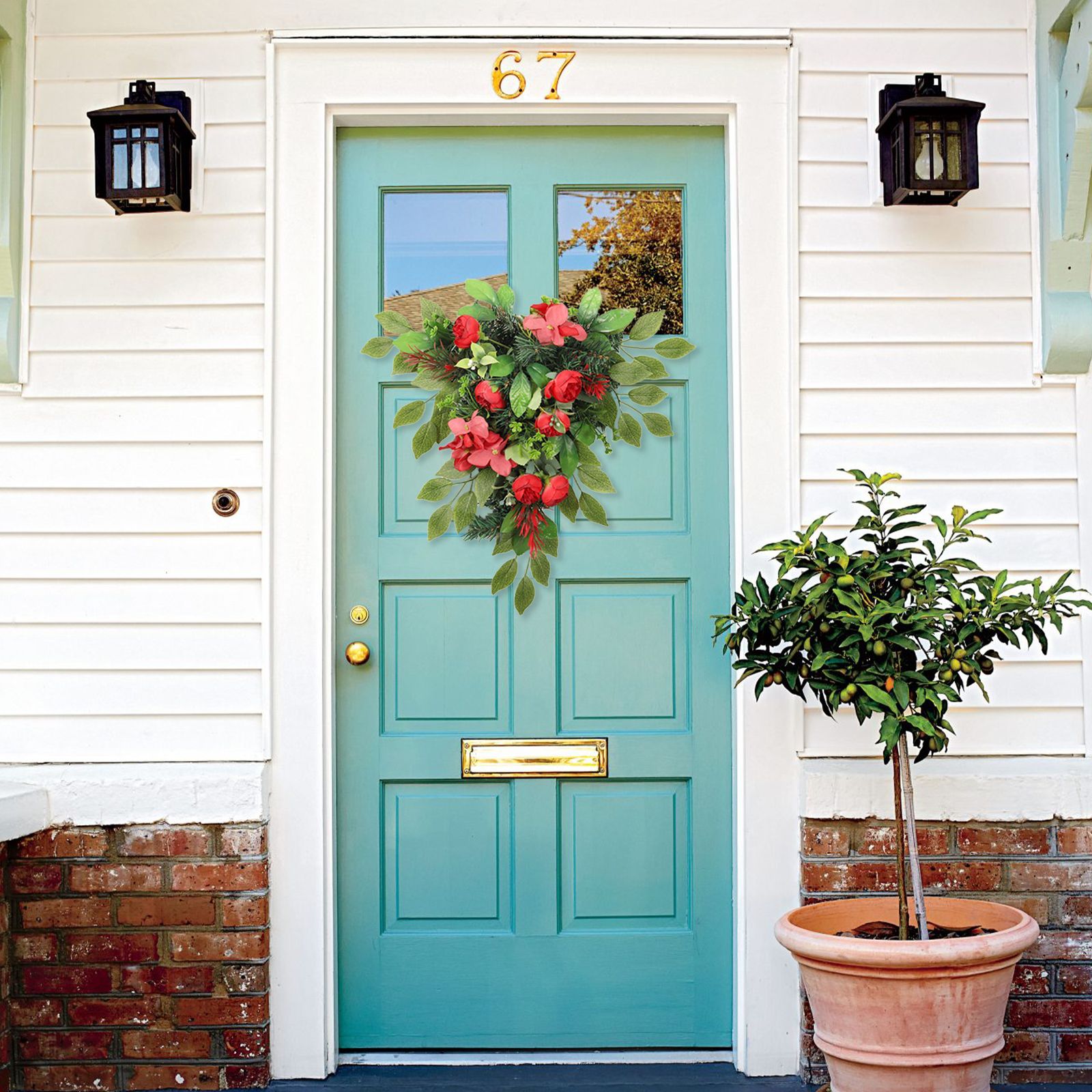 Red Tea Bud Hydrangea Upside down Tree PVC Green Plant Door Hanging Home Decoration V1294-YM221013YA04-0421