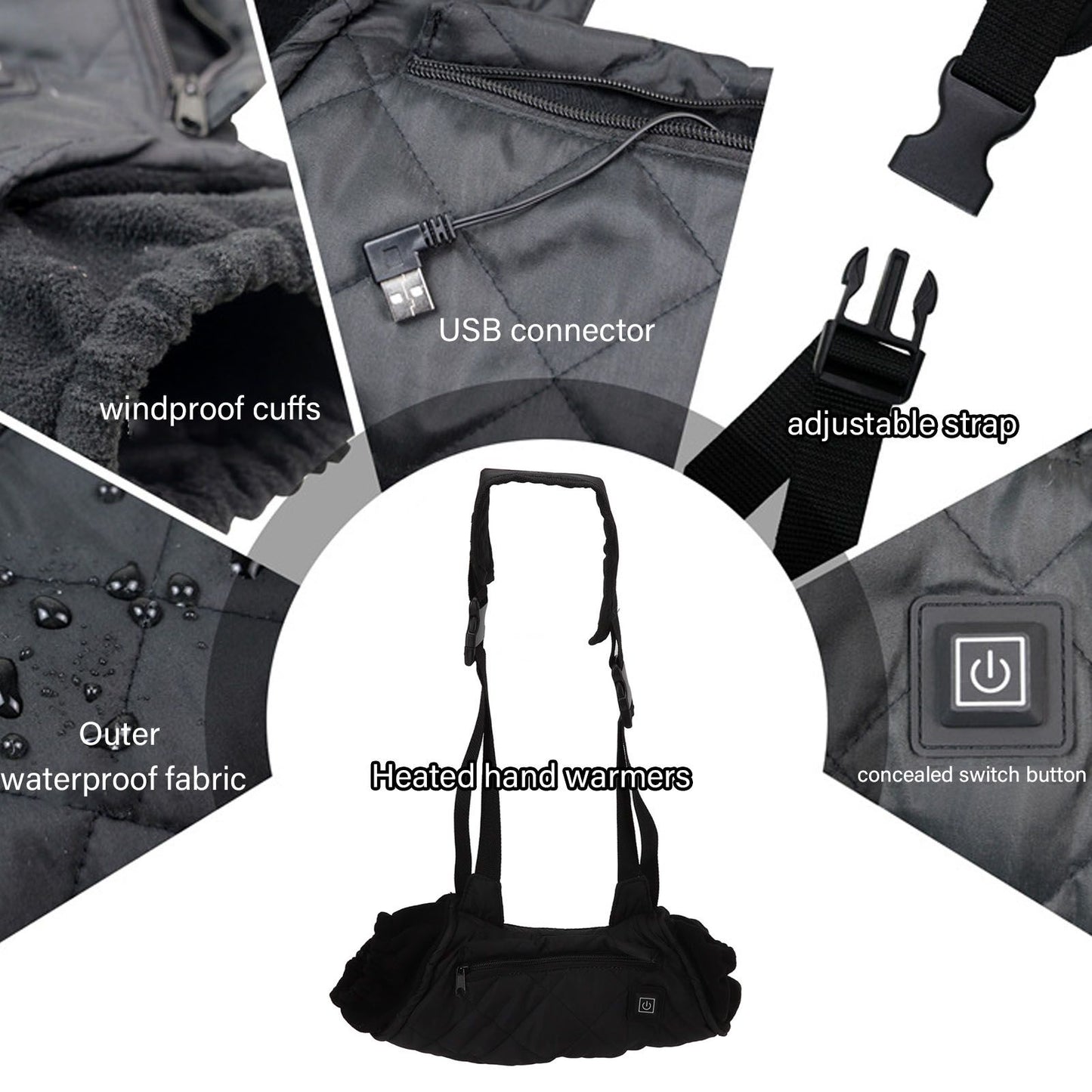 Electric Hand Warming Muff Temperature Controllable Waterproof Quilted Cotton Heated Hand Pouch for Winter V1294-YM3111220254411-0421