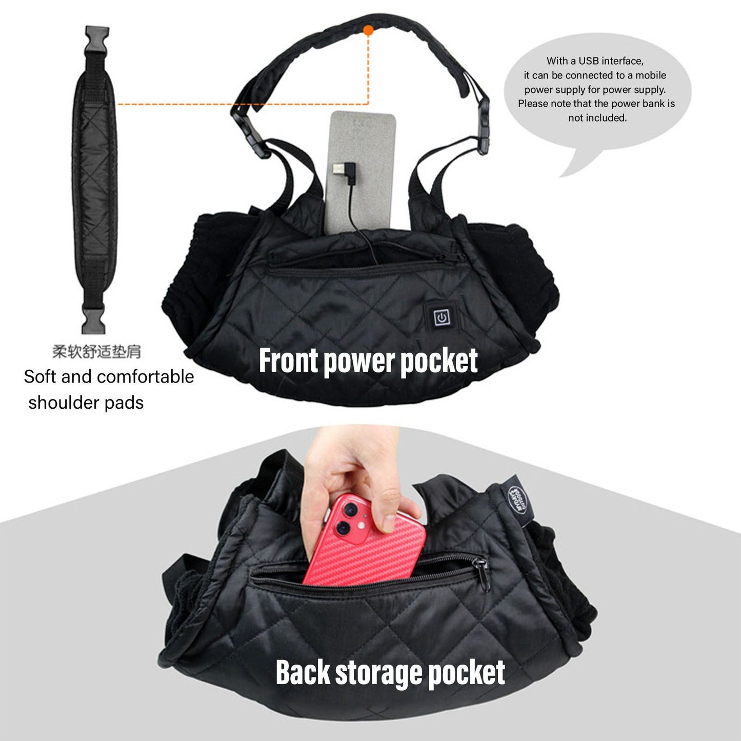 Electric Hand Warming Muff Temperature Controllable Waterproof Quilted Cotton Heated Hand Pouch for Winter V1294-YM3111220254411-0421