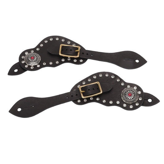 1Pair Spur Strap Leather Rhinestone Western Vintage Style Horse Riding Protective Equipment for Outdoor Black V1294-YM3111220274811-0421