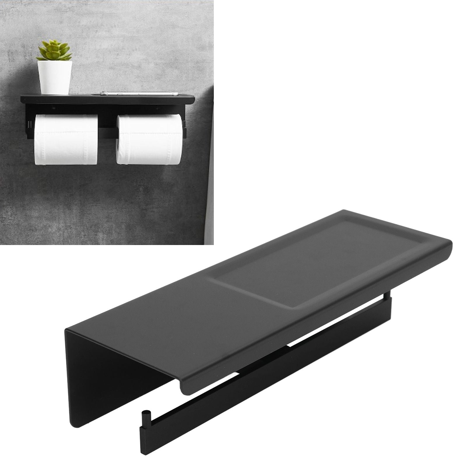 Wall Mount Toilet Paper Holder 2 Use Hotel Bathroom Tissue Waterproof with Storage Shelf Black V1294-YM3112220069511-0421