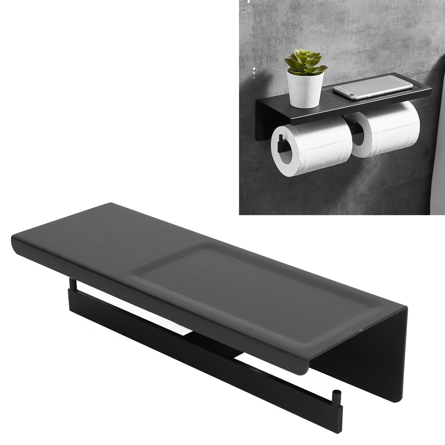 Wall Mount Toilet Paper Holder 2 Use Hotel Bathroom Tissue Waterproof with Storage Shelf Black V1294-YM3112220069511-0421