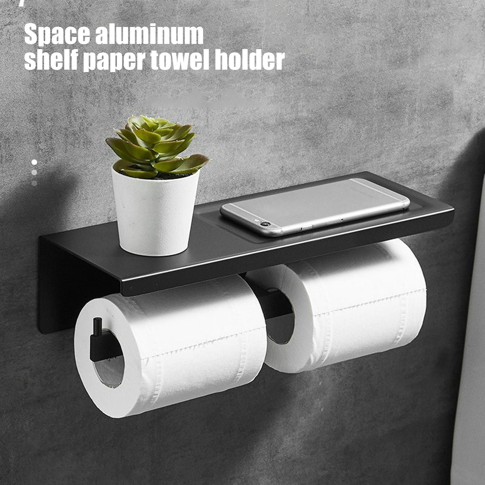Wall Mount Toilet Paper Holder 2 Use Hotel Bathroom Tissue Waterproof with Storage Shelf Black V1294-YM3112220069511-0421
