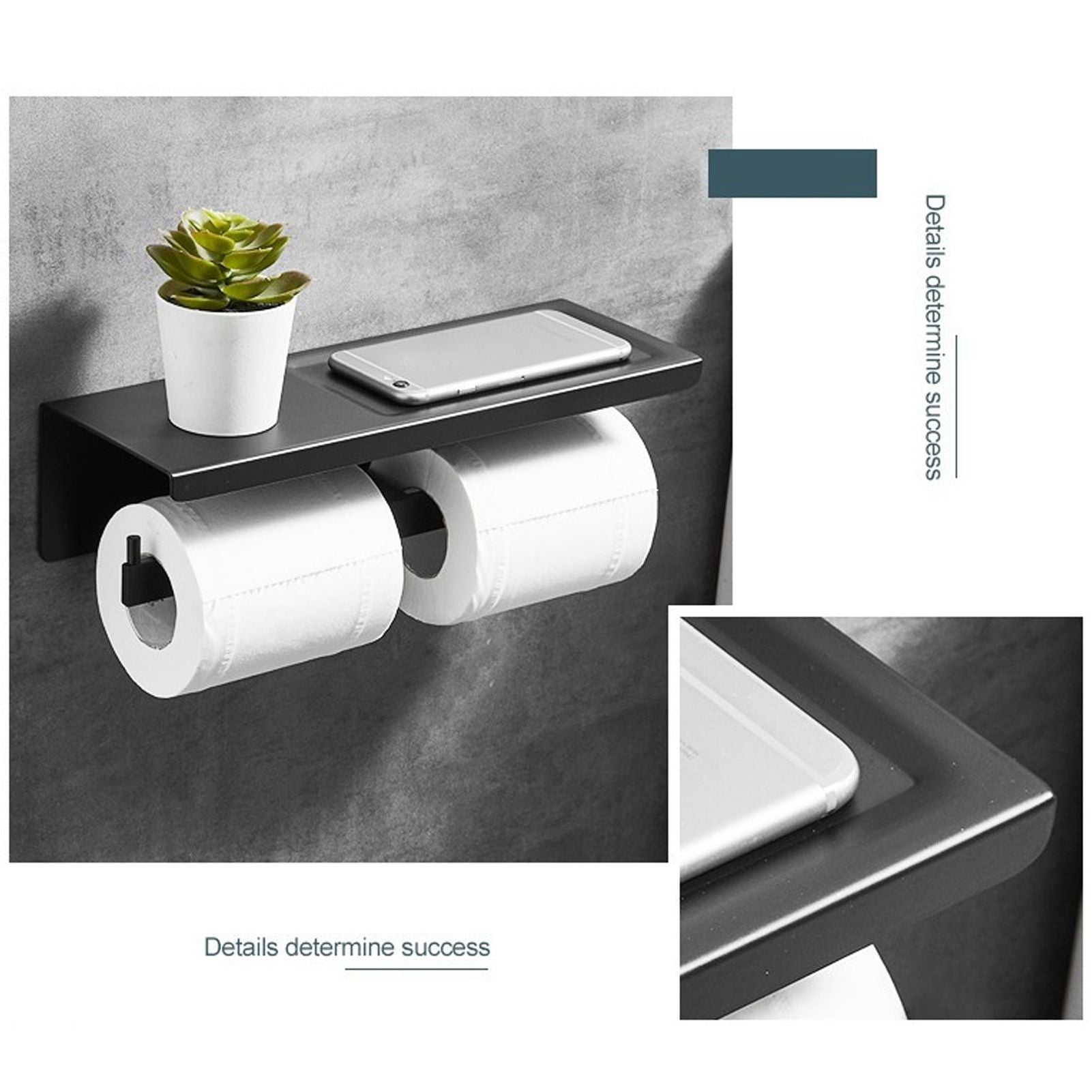 Wall Mount Toilet Paper Holder 2 Use Hotel Bathroom Tissue Waterproof with Storage Shelf Black V1294-YM3112220069511-0421