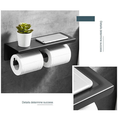 Wall Mount Toilet Paper Holder 2 Use Hotel Bathroom Tissue Waterproof with Storage Shelf Black V1294-YM3112220069511-0421