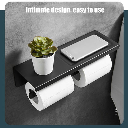 Wall Mount Toilet Paper Holder 2 Use Hotel Bathroom Tissue Waterproof with Storage Shelf Black V1294-YM3112220069511-0421