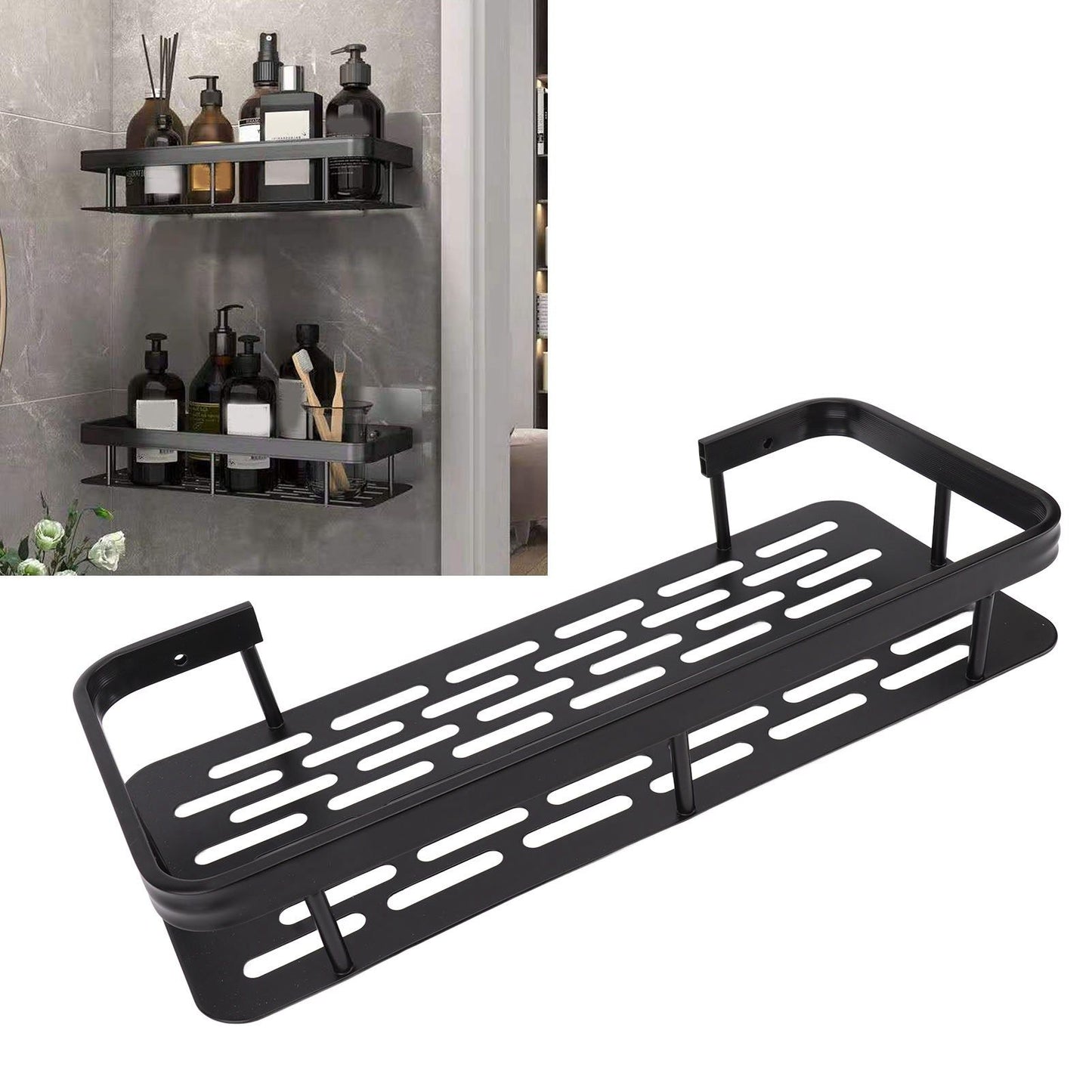 Shower Caddy Single Tier Durable Aluminium Rustproof Sticker Installation Shower Shelf for Bathroom Bedroom V1294-YM3112220070211-0421