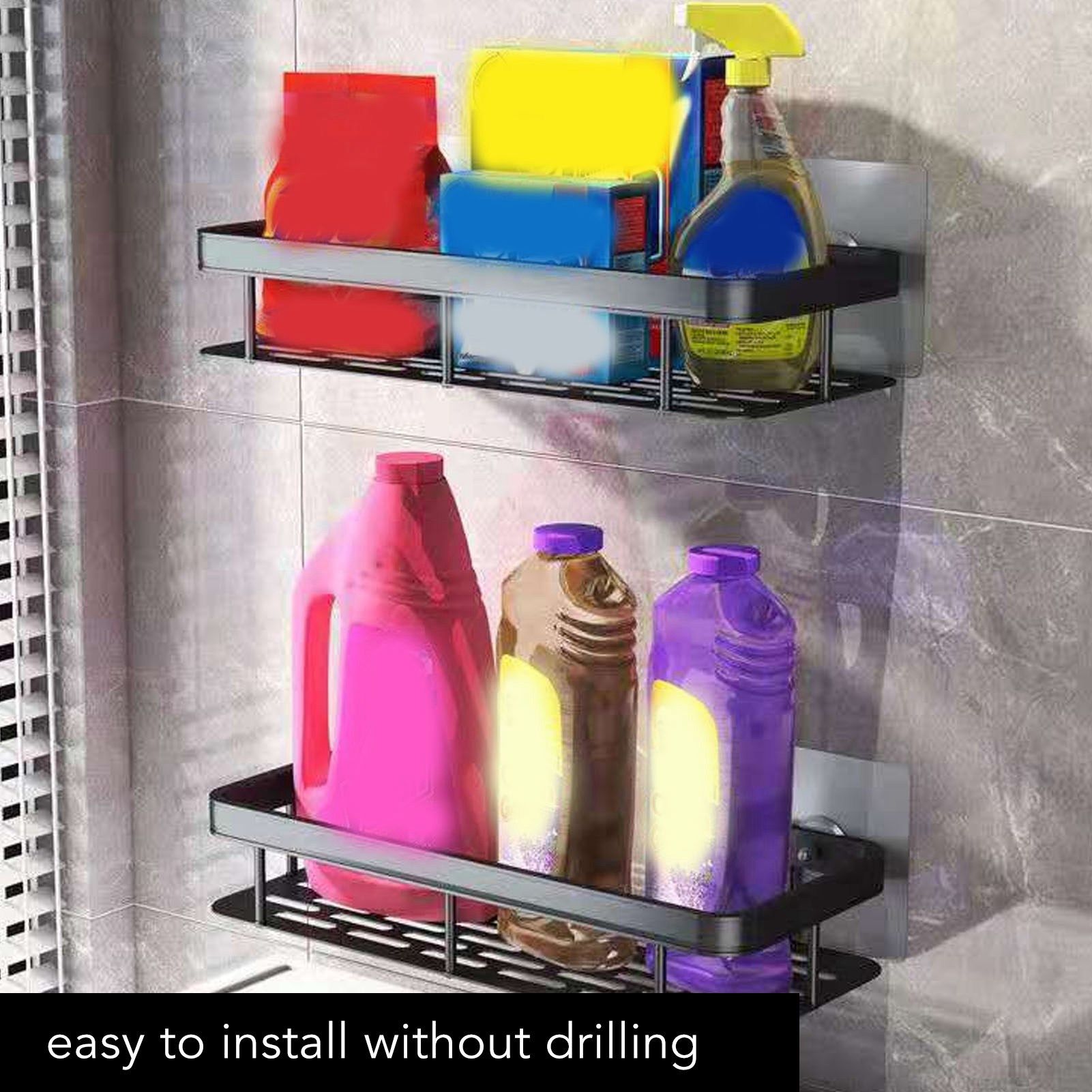 Shower Caddy Single Tier Durable Aluminium Rustproof Sticker Installation Shower Shelf for Bathroom Bedroom V1294-YM3112220070211-0421