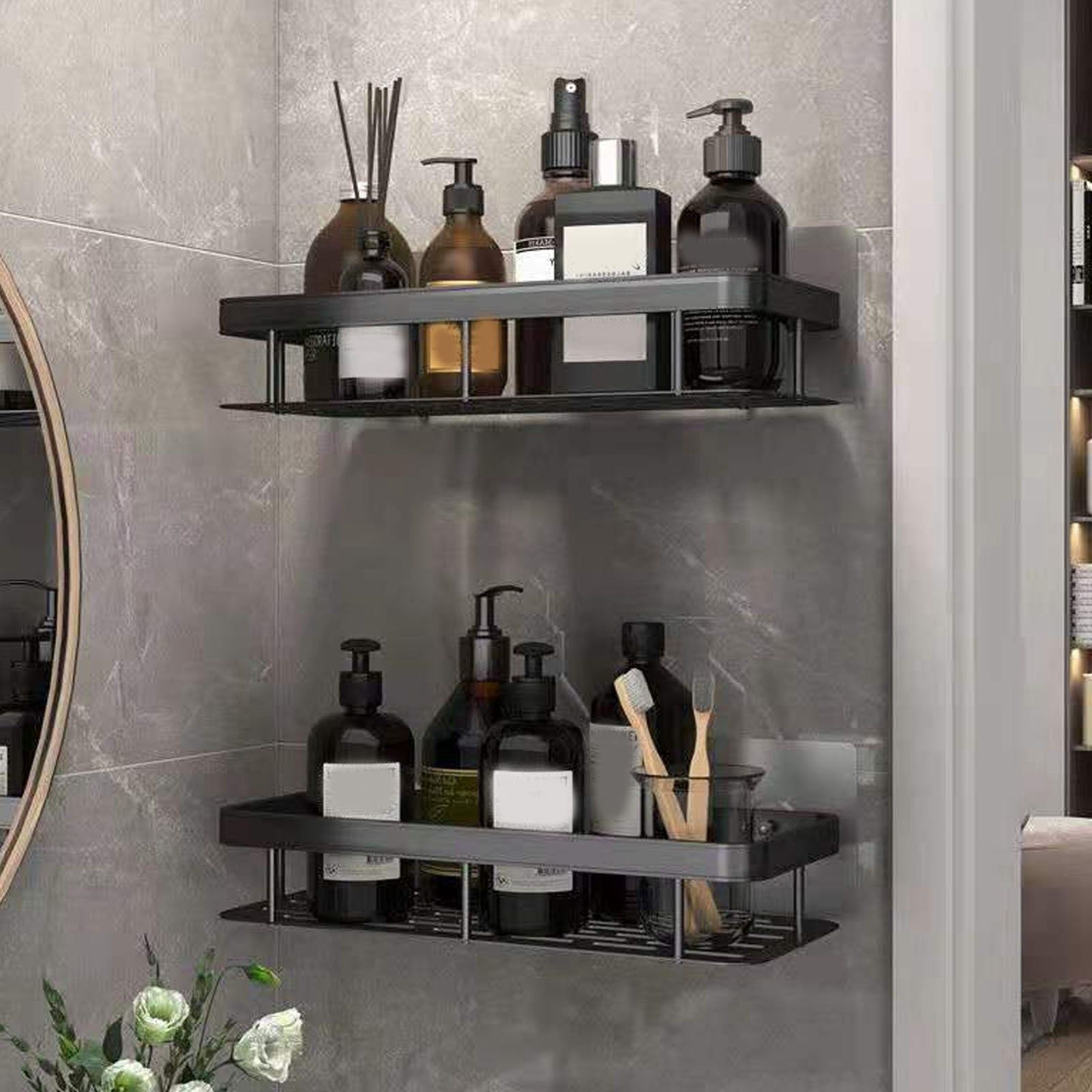 Shower Caddy Single Tier Durable Aluminium Rustproof Sticker Installation Shower Shelf for Bathroom Bedroom V1294-YM3112220070211-0421