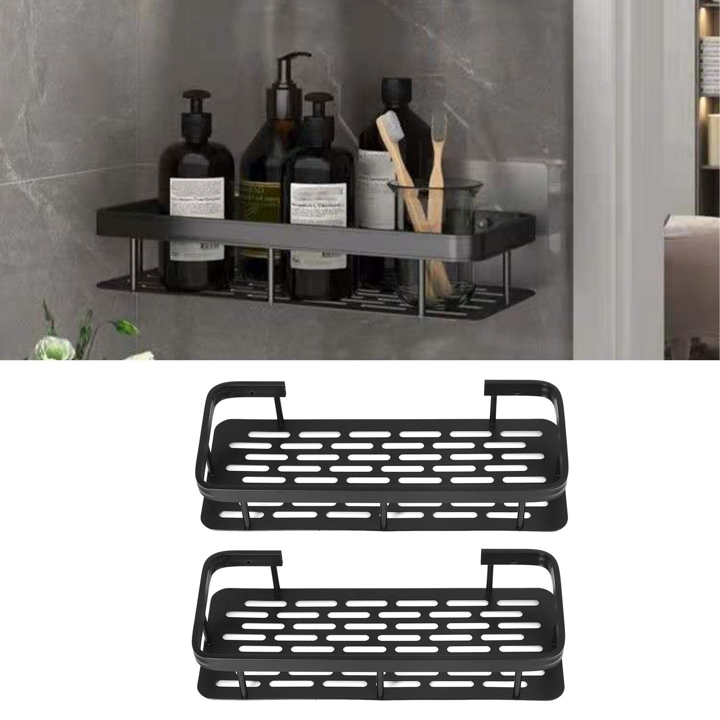 Shower Caddy Double Layer Rectangle Shape Space Saving Aluminum Punching Free Installation Bathroom Supplies V1294-YM3112220070311-0421