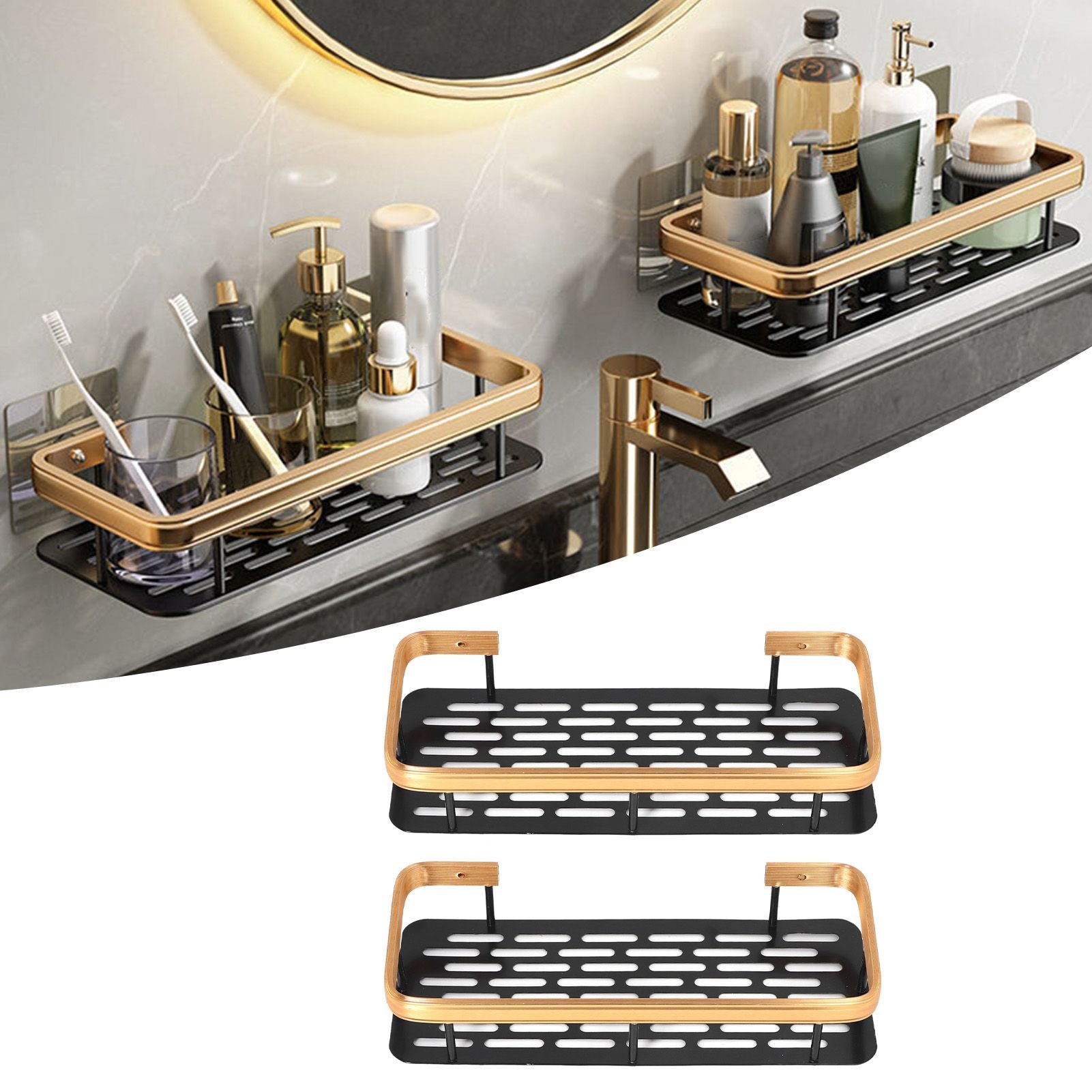 Shower Caddy Double Layer Rectangle Shape Space Saving Aluminum Punching Free Installation Bathroom Supplies V1294-YM3112220070312-0421