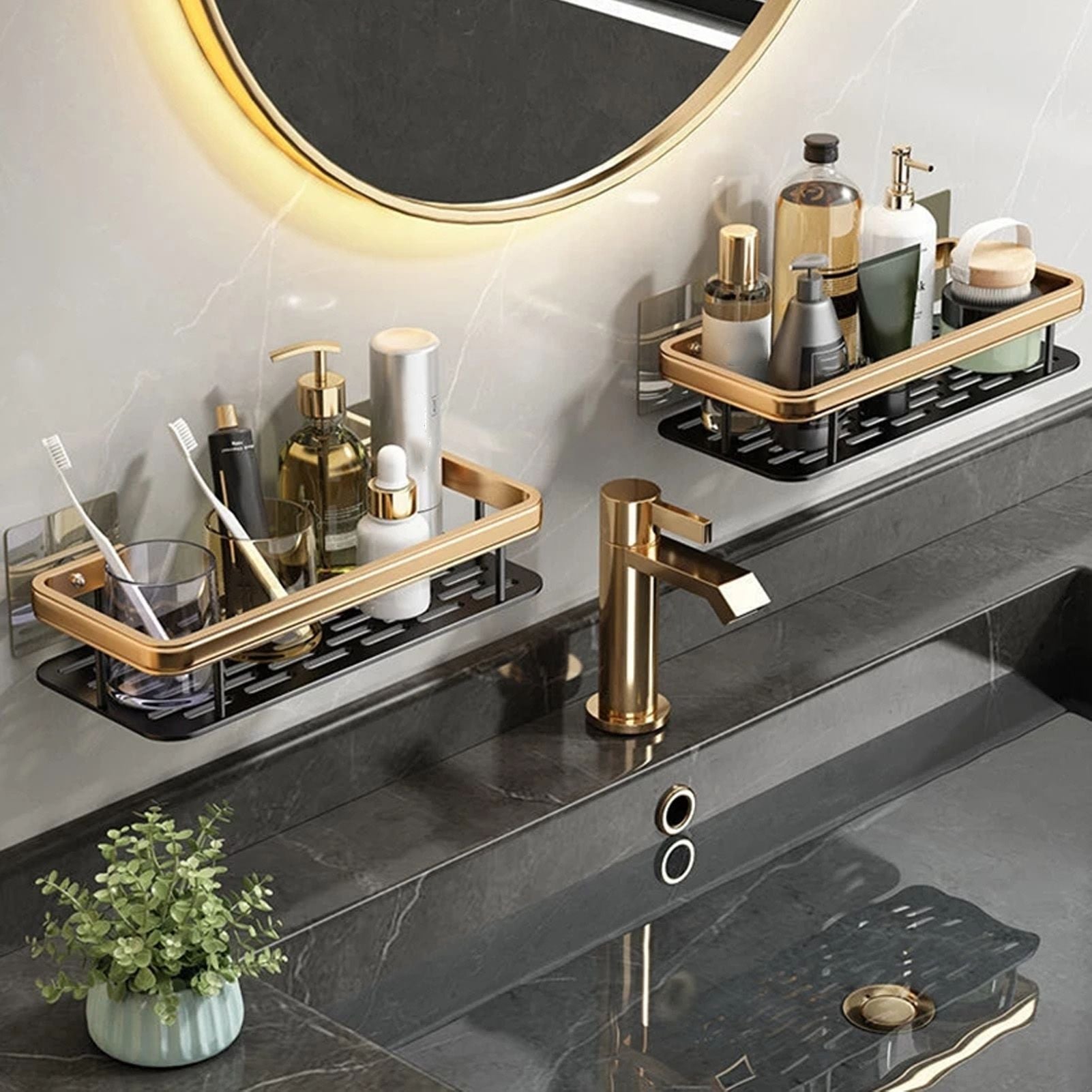 Shower Caddy Double Layer Rectangle Shape Space Saving Aluminum Punching Free Installation Bathroom Supplies V1294-YM3112220070312-0421