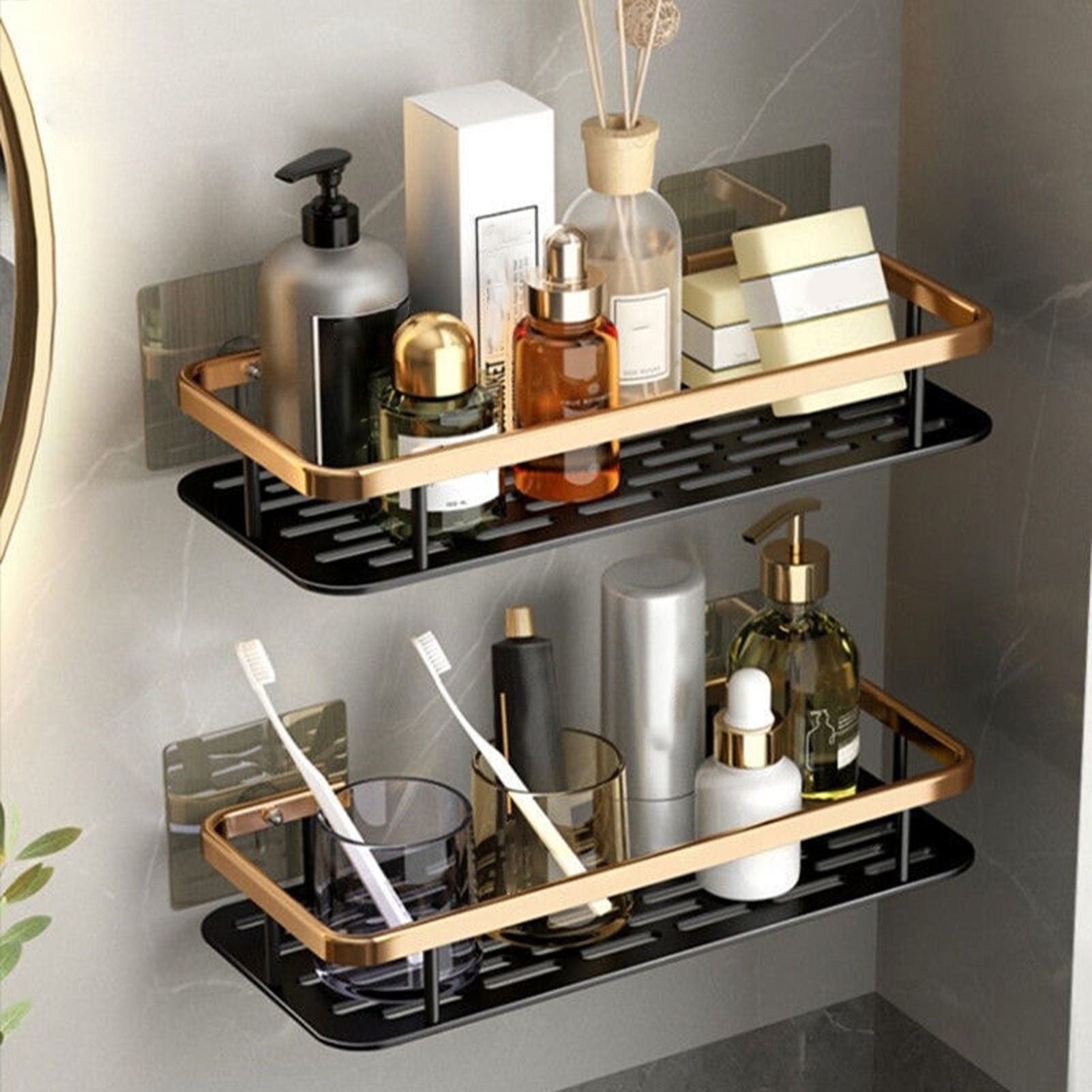 Shower Caddy Double Layer Rectangle Shape Space Saving Aluminum Punching Free Installation Bathroom Supplies V1294-YM3112220070312-0421