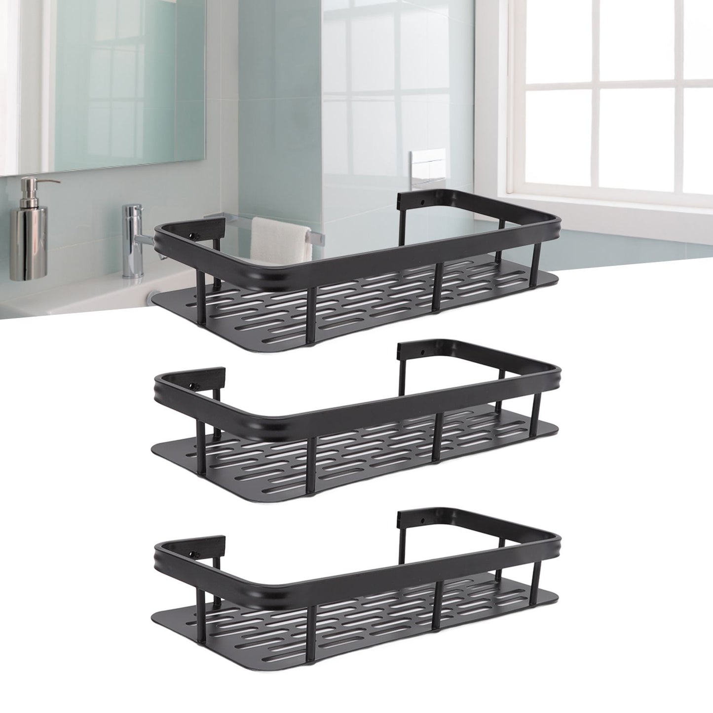 Shower Storage Rack 3 Layers Punch Free Rectangle Aluminum Shower Shelf Basket for Home Bathroom Black V1294-YM3112220070411-0421