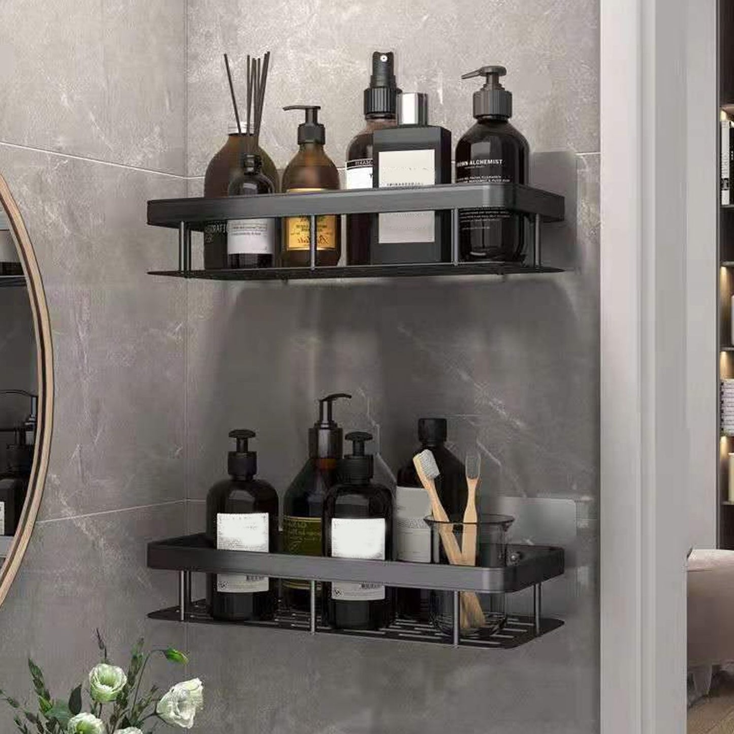 Shower Storage Rack 3 Layers Punch Free Rectangle Aluminum Shower Shelf Basket for Home Bathroom Black V1294-YM3112220070411-0421