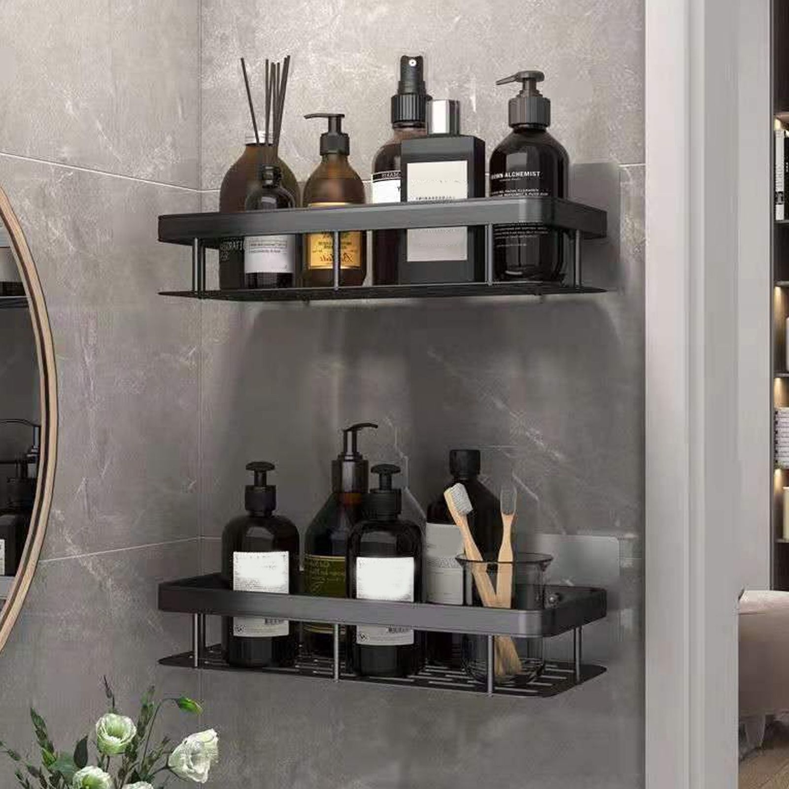 Shower Storage Rack 3 Layers Punch Free Rectangle Aluminum Shower Shelf Basket for Home Bathroom Black V1294-YM3112220070411-0421