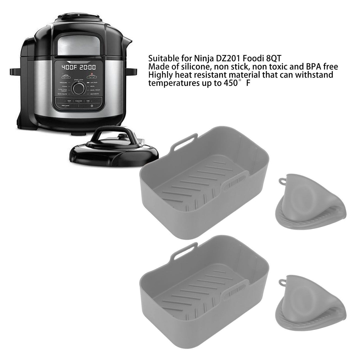 2Set Rectangular Fryer Silicone Pot Fryer Silicone Liners Rectangular Basket for Ninja DZ201 Foodi 8QT Grey V1294-YM3113220220614-0421