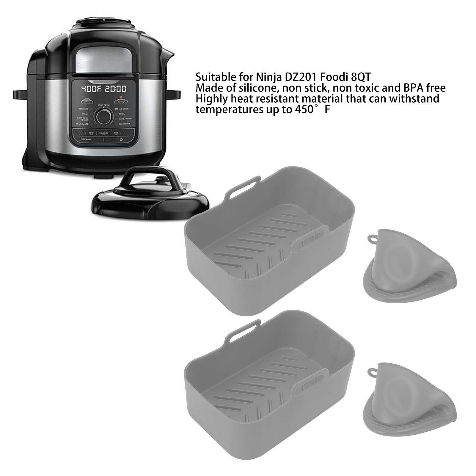 2Set Rectangular Fryer Silicone Pot Fryer Silicone Liners Rectangular Basket for Ninja DZ201 Foodi 8QT Grey V1294-YM3113220220614-0421