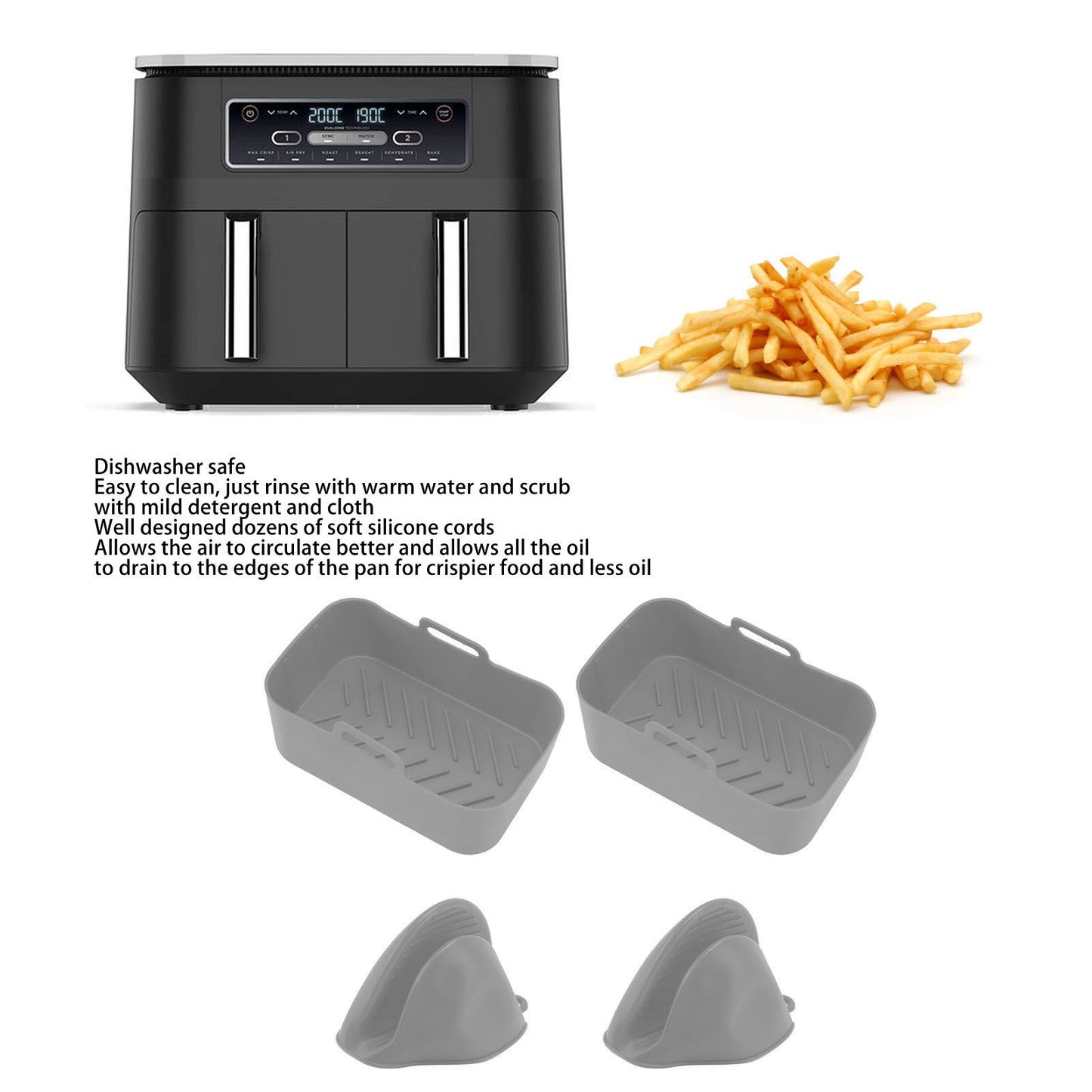 2Set Rectangular Fryer Silicone Pot Fryer Silicone Liners Rectangular Basket for Ninja DZ201 Foodi 8QT Grey V1294-YM3113220220614-0421