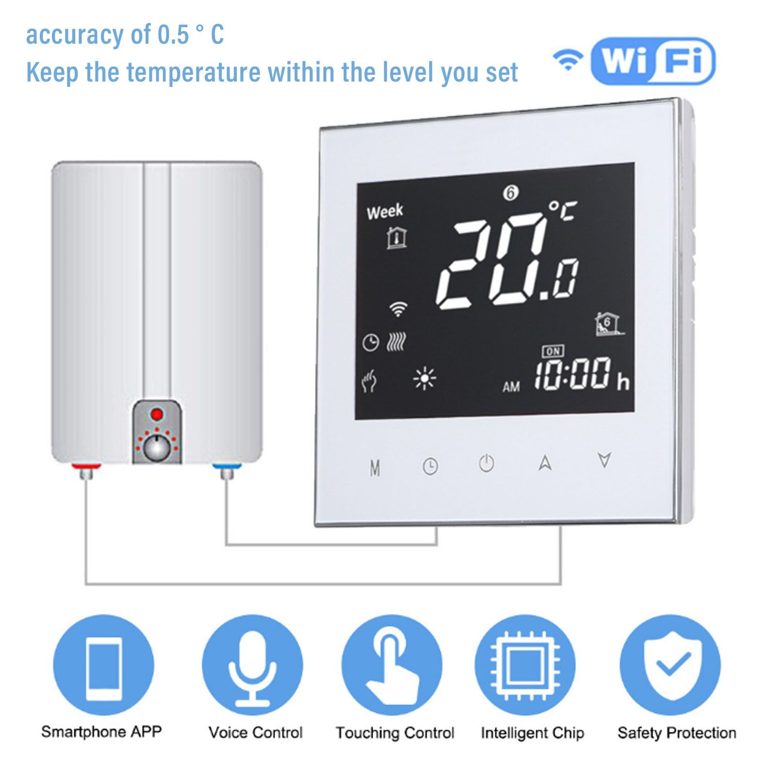 Smart Boiler Heating Thermostat WIFI APP Voice Control LCD Touch Screen Programmable White 95-240V V1294-YM3113220224011-0421