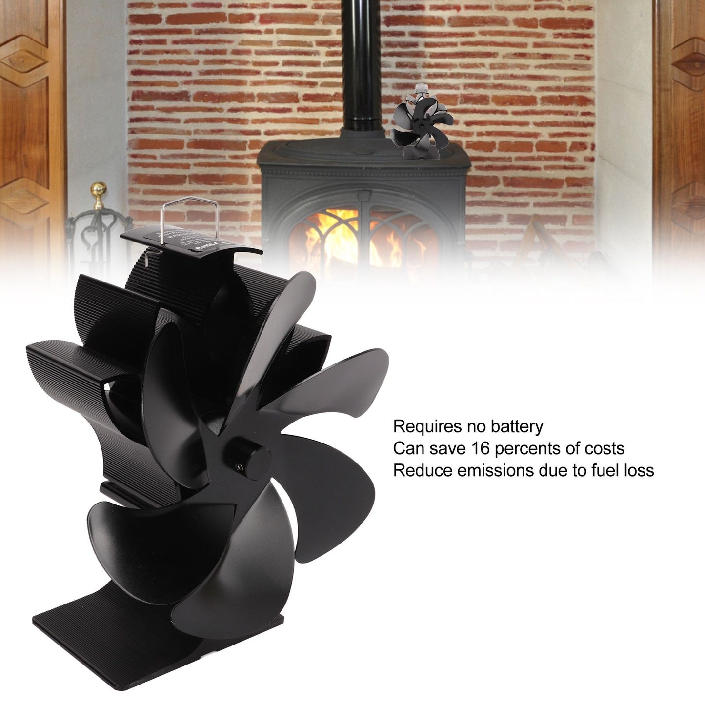 6 Blade Stove Eco Fan Black High Temperature Resistant Self Starting Energy Saving Heat Powered Fan for Home V1294-YM3113220250011-0421