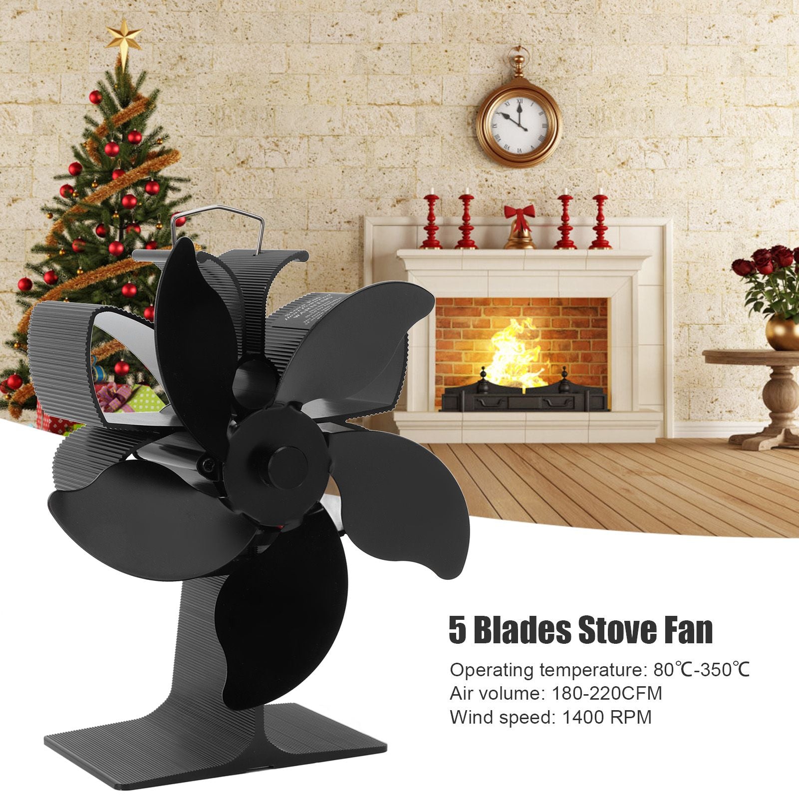 Heat Powered Fireplace Fan Black Stove Fan 5 Blades Thermal Power High Temperature Proof Eco Friendly Energy V1294-YM3113220250611-0421