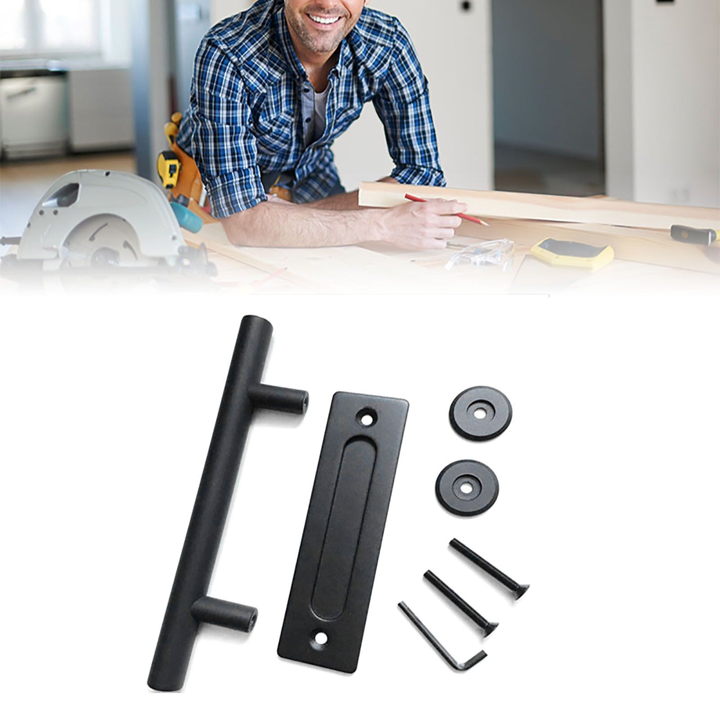 Sliding Barn Door Handle Carbon Steel 4.8mm Thick Double Sided Barn Door Push Pull Handle Black Round Handle V1294-YM3114220092411-0421