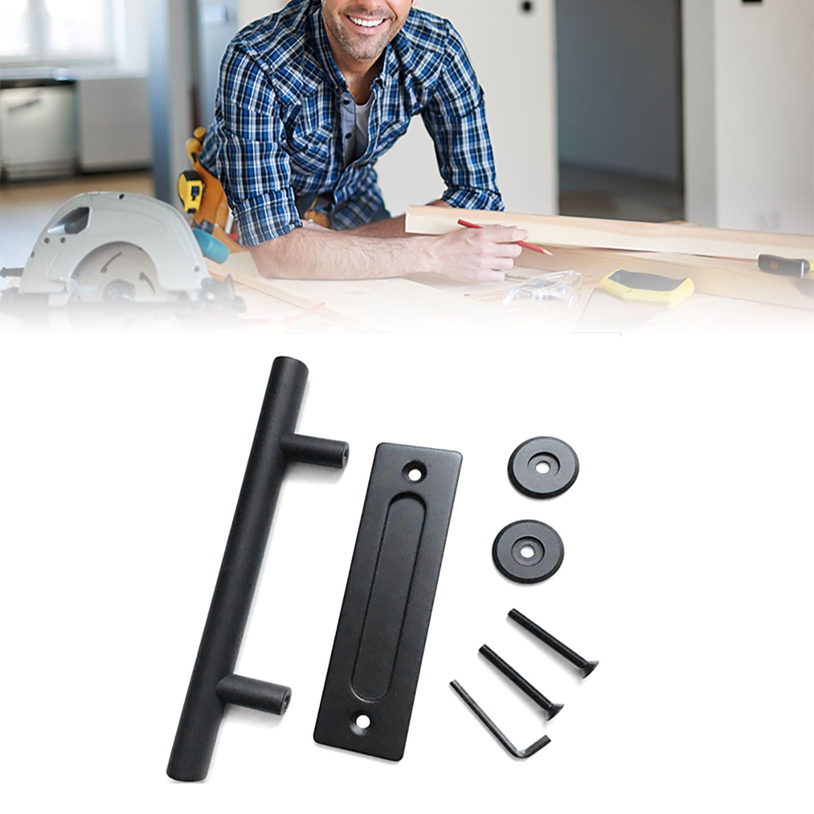 Sliding Barn Door Handle Carbon Steel 4.8mm Thick Double Sided Barn Door Push Pull Handle Black Round Handle V1294-YM3114220092411-0421