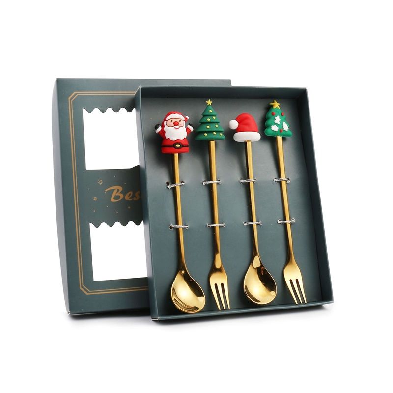 4PCS Christmas Spoon Fork Set Stainless Steel Santa Christmas Tree Shaped Decor Tableware for Home Dinner V1294-YM3115220101711-0421