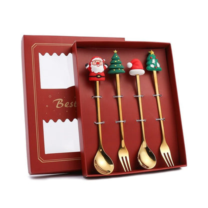 4PCS Christmas Spoon Fork Set Stainless Steel Santa Christmas Tree Shaped Decor Tableware for Home Dinner V1294-YM3115220101712-0421