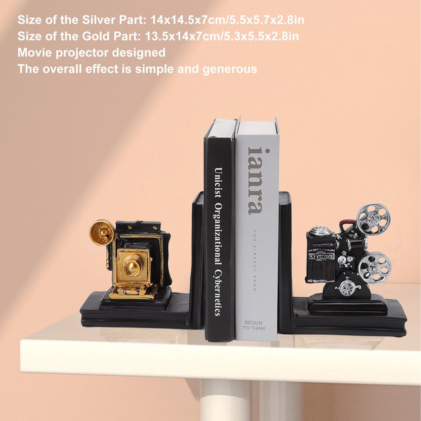 One Pair Shelf Book Ends Movie Projector Designed Resin Bookend Decoration for Study Home Office V1294-YM3115220102911-0421