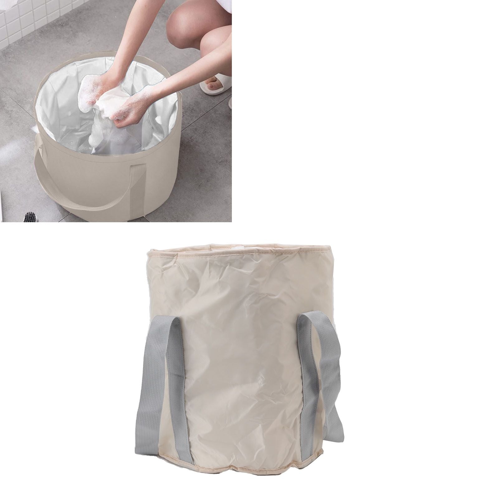 Foldable Foot Tub Polyester Double Layer Collapsible Camping Bucket with Storage Bag for Outdoor Beige V1294-YM3117220219413-0421