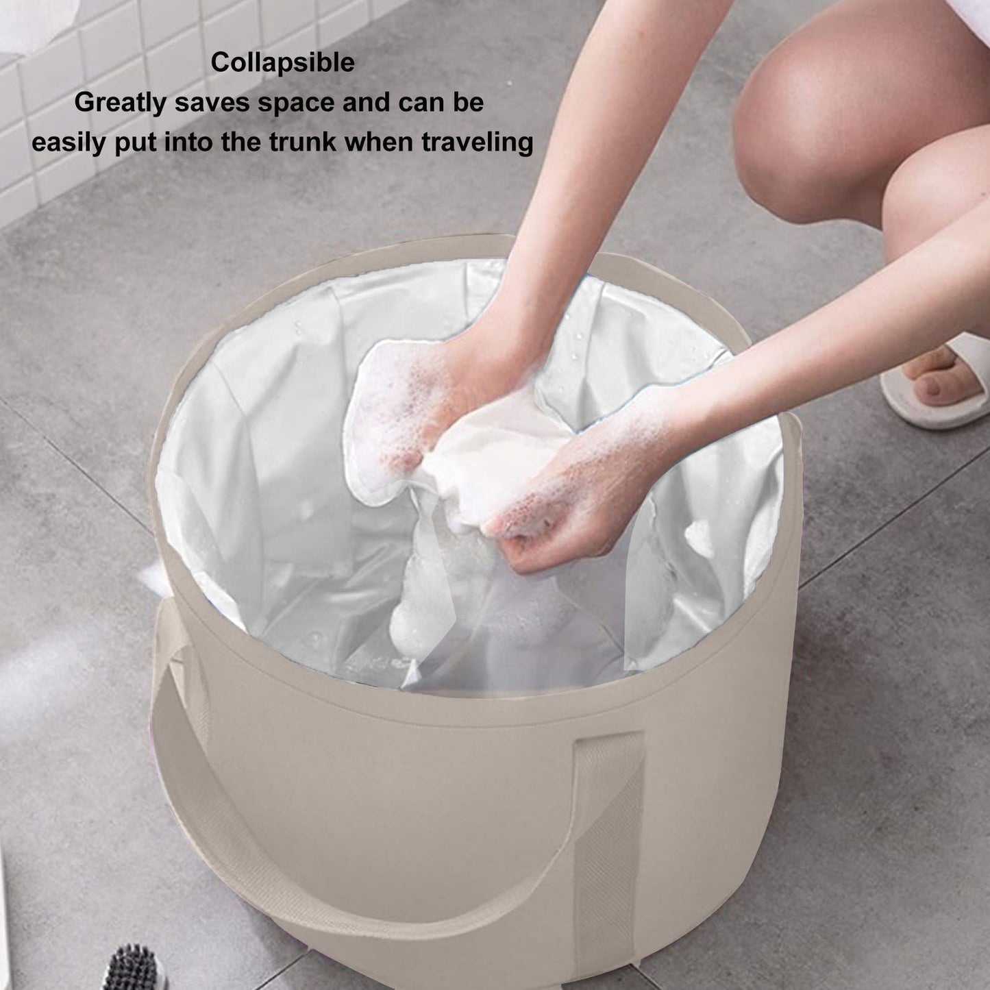Foldable Foot Tub Polyester Double Layer Collapsible Camping Bucket with Storage Bag for Outdoor Beige V1294-YM3117220219413-0421