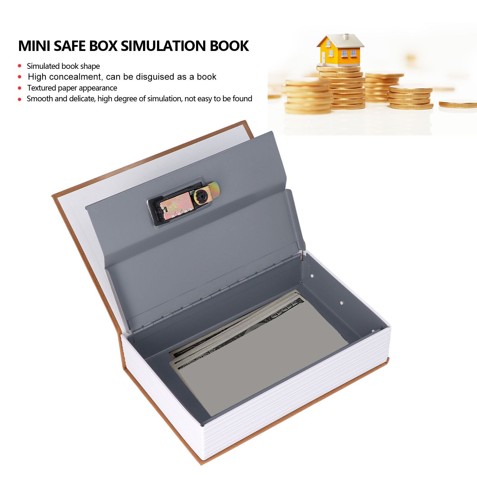 Book Safe Case Simulation Portable Safe Storage Box with Combination Lock for Bank Cards Jewelry Money Brown V1294-YM3117220224611-0421
