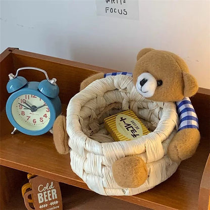 Cute Cartoon Bear Storage Basket Straw Storage Basket for Desktop Office Bedroom L V1294-YM3117220225913-0421